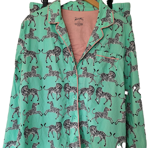 Nick & Nora Pajamas Zebras Mint Green Sz XL Lightweight 100% Cotton Sleepwear - Picture 2 of 13